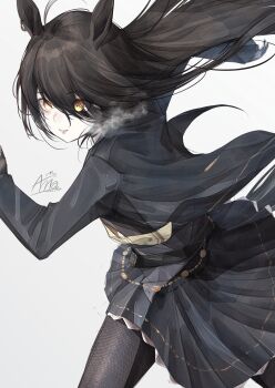 Rule 34 | 1girl, absurdres, ahoge, animal ears, annasui factory, black coat, black gloves, black hair, black pantyhose, black skirt, coat, collared shirt, ear tag, earrings, gloves, hair between eyes, highres, horse ears, horse girl, horse tail, jewelry, long bangs, long hair, long hair between eyes, long sleeves, manhattan cafe (creeping shadow) (umamusume), manhattan cafe (umamusume), multicolored hair, necktie, pantyhose, parted lips, pleated skirt, running, shirt, simple background, single earring, skirt, solo, tail, umamusume, white background, white hair, yellow eyes, yellow necktie