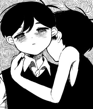 2boys @_@ absurdres antenna_hair collared_shirt double-parted_bangs dual_persona greyscale hair_between_eyes hato_popo_37 highres looking_at_viewer male_focus monochrome multiple_boys omori omori_(omori) parted_lips shirt short_hair sunny_(omori) sweater_vest tank_top