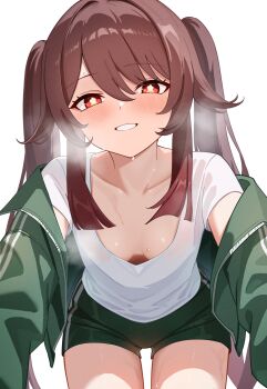 1girl absurdres adversarial_noise alternate_costume blush breasts brown_hair collarbone cowboy_shot flower-shaped_pupils genshin_impact green_jacket green_shorts grin gym_shirt hair_flaps hair_intakes heavy_breathing highres hobio hu_tao_(genshin_impact) jacket leaning_forward long_hair looking_at_viewer medium_breasts missing_headwear no_bra open_clothes open_jacket reaching reaching_towards_viewer red_eyes shirt short_shorts shorts sidelocks smile solo sweat symbol-shaped_pupils track_jacket twintails white_shirt