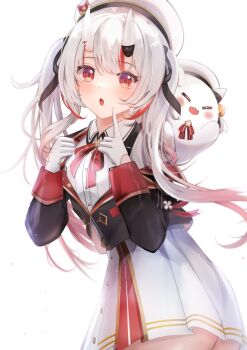 1girl absurdres beret collar commentary dress gloves gradient_hair hair_ornament hat highres hololive horn_ornament horns long_hair long_sleeves multicolored_hair nakiri_ayame nakiri_ayame_(9th_costume) official_alternate_costume official_alternate_hairstyle oni open_mouth poyoyo_(nakiri_ayame) red_eyes red_hair simple_background symbol-only_commentary twintails virtual_youtuber white_dress white_gloves white_hair white_hat winexc