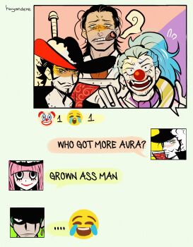 absurdres artist_name bandana beard blue_hair blunt_bangs buggy_the_clown cigar commentary crocodile_(one_piece) dracule_mihawk earrings english_commentary english_text facial_hair green_hair highres huyandere jewelry makeup multiple_boys one_eye_closed one_piece perona ponytail red_hair red_lips roronoa_zoro smoke stitched_face stitches sword sword_on_back weapon weapon_on_back