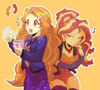 2girls :d adagio_dazzle adagio_dazzle_(human) adapted_costume aqua_eyes arm_across_waist arm_under_breasts arrow_(symbol) back-to-back big_hair black_jacket black_shirt black_thighhighs blonde_streaks book breasts chinese_commentary cleavage cocked_eyebrow collarbone collared_shirt colored_skin commentary cowboy_shot curly_hair elbow_gloves equestria_girls:_better_together eyeshadow fangs film_grain fingerless_gloves gan04 gem gloves grey_gloves grin hair_ornament hairclip hand_up hands_up high_ponytail highres holding holding_book jacket jewelry layered_sleeves leaning_forward leotard long_hair long_skirt long_sleeves looking_ahead looking_at_another looking_to_the_side low_ponytail makeup medium_breasts multicolored_hair multiple_girls musical_note my_little_pony my_little_pony:_equestria_girls my_little_pony:_friendship_is_magic necklace necktie notice_lines open_clothes open_jacket open_mouth orange_background orange_eyeshadow orange_hair orange_leotard orange_skin outline pendant personality_switch pink_shirt pleated_skirt ponytail puffy_long_sleeves puffy_sleeves purple_jacket purple_necktie purple_skirt raised_eyebrow raised_eyebrows red_eyes red_gem red_hair role_reversal shirt short-sleeved_jacket short_sleeves sidelocks sideways_glance simple_background skirt small_breasts smile standing streaked_hair sunset_shimmer sunset_shimmer_(human) tareme teeth thick_thighs thighhighs thighs tongue triangle_print two-tone_hair upper_teeth_only v-neck very_long_hair waving wavy_hair white_outline yellow_eyeshadow yellow_skin