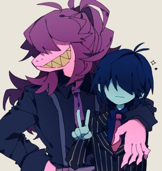 1girl 1other 2525nicc arm_over_shoulder black_jacket black_shirt blue_hair blue_shirt blue_skin collared_shirt colored_skin colored_teeth deltarune freckles furry furry_female hand_on_own_hip highres jacket kris_(dark_world)_(deltarune) kris_(deltarune) long_hair necktie pink_skin pinstripe_jacket pinstripe_pattern purple_hair purple_necktie shirt short_hair susie_(dark_world)_(deltarune) susie_(deltarune) suspenders upper_body utdr_(toby_fox) v yellow_teeth