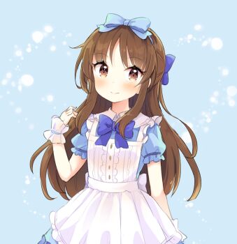 1girl apron blue_background blue_bow blue_bowtie blue_dress blue_hairband blush bow bow_hairband bowtie brown_eyes brown_hair closed_mouth commentary_request dress hair_bow hairband idolmaster idolmaster_cinderella_girls long_hair looking_at_viewer short_sleeves simple_background solo sweat tachibana_arisu very_long_hair white_apron yazawa_oke