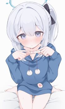 1girl barefoot blue_archive blue_halo blue_hoodie blush breasts closed_mouth halo heart highres holding holding_pregnancy_test hone_kawa hood hoodie long_hair long_sleeves looking_at_viewer miyako_(blue_archive) miyako_(young)_(blue_archive) official_alternate_costume pregnancy_test purple_eyes revision sidelocks sitting small_breasts solo speech_bubble spoken_heart variant_set wariza white_hair