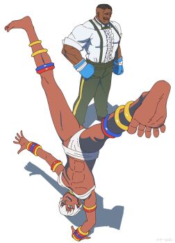 1boy 1girl :d abs anklet armlet bangle barefoot bikini black_hair blue_eyes blue_gloves bow bowtie boxing_gloves bracelet breasts capoeira closed_eyes dark-skinned_female dark-skinned_male dark_skin dudley earrings elena_(street_fighter) facial_hair frilled_shirt frills full_body gloves green_bow green_bowtie green_pants handlebar_mustache handstand highres jewelry large_pectorals looking_at_viewer mature_male medium_breasts muscular muscular_male mustache neck_ring no_eyebrows one_arm_handstand open_mouth pants pectorals petals sa1k0p shadow shirt short_hair smile spread_toes street_fighter street_fighter_6 street_fighter_x_tekken swimsuit tekken toes underboob undercut very_dark_skin white_background white_bikini white_hair white_shirt