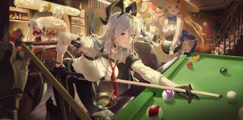 1boy 4girls absurdres alternate_costume arm_pouch armband bar_(place) bare_shoulders bartender billiards black_armband black_choker black_gloves black_horns black_jacket black_pants blonde_hair blue_bow blue_bowtie bottle bow bowtie breasts button_gap carlotta_(wuthering_waves) chest_harness choker ciaccona_(wuthering_waves) collared_shirt commentary_request cup curled_horns dress drinking_glass earrings feather_pen113 gloves hair_between_eyes hair_ornament harness hat highres holding holding_polearm holding_weapon horns jacket jacket_on_shoulders jewelry key_earrings korean_commentary large_breasts leotard long_hair looking_at_viewer male_rover_(wuthering_waves) multicolored_hair multiple_girls music necktie pants pantyhose parted_lips phoebe_(wuthering_waves) polearm pool_table pouch pov pov_hands red_dress red_eyes red_necktie rover_(wuthering_waves) shirt singing smile stage streaked_hair table tacet_mark_(wuthering_waves) weapon white_dress white_hat white_leotard white_pantyhose wuthering_waves x_hair_ornament zani_(wuthering_waves)