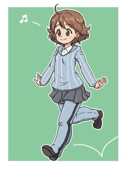 Rule 34 | 1girl, adapted costume, ahoge, blue pants, blue sweater, brown eyes, brown hair, collared shirt, curly hair, girls und panzer, girls und panzer saishuushou, green background, grey shoes, grey skirt, keizoku school uniform, miniskirt, musical note, outstretched arms, pants, pants under skirt, pleated skirt, reino (girls und panzer), school uniform, shirt, shoes, short hair, simple background, skipping, skirt, smile, spread arms, sweater, takahashi kurage, track pants, vertical-striped sweater, white shirt