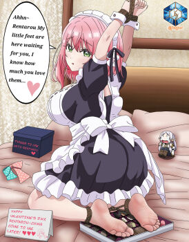 Rule 34 | 1girl, ass, bdsm, bed, blush, bondage, bound, breasts, feet, frieren, green eyes, hanazono hahari, hanazono hakari, jetga, kimi no koto ga dai dai dai dai daisuki na 100-nin no kanojo, large breasts, maid, maid headdress, pink hair, short hair, smile