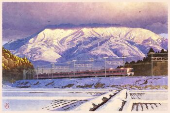 bird border cloud commentary_request day forest landscape mountain mugumo_24k multiple_unit_train nature no_humans original outdoors overhead_line power_lines scenery snow train transmission_tower white_border winter