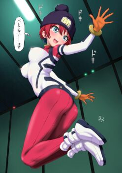 1girl :d amate_yuzuriha aqua_eyes ass boots commentary_request covered_erect_nipples from_behind from_below gundam gundam_gquuuuuux indoors jumping kinohara_hikaru mecha_pilot_suit normal_suit_(gundam) open_mouth red_hair shirt short_hair smile solo speech_bubble teeth tongue translation_request upper_teeth_only white_boots