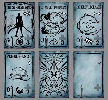 areuwuu biyoo_(omniscient_reader&#039;s_viewpoint) card gears highres kim_dokja limited_palette no_humans object_focus omniscient_reader&#039;s_viewpoint pebble pocket_watch silhouette sparkle standing sword watch weapon wings yoo_joonghyuk