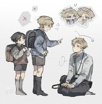 ... 3boys albert_brudzewski_(chi.) anger_vein backpack bag black_hair black_socks blue_eyes brown_eyes brown_vest chi.:_chikyuu_no_undou_ni_tsuite chibi chibi_inset child closed_eyes collared_shirt full_body grey_jacket grey_shorts grey_socks highres jacket kneeling light_blush long_hair multiple_boys name_tag necktie one_eye_closed open_mouth parted_bangs pointing rafal_(chi.) scolding shirt short_hair shorts shoulder_bag socks spoken_ellipsis striped_necktie sweater_vest toramledak vest white_shirt