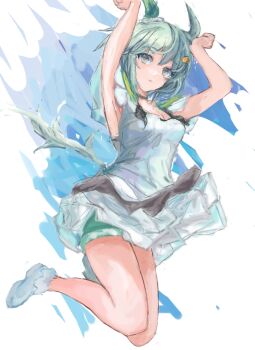 1girl animal_ears armpits arms_up blue_eyes breasts choker cleavage commentary_request dress ear_covers flower green_sailor_collar green_shorts grey_hair hair_between_eyes hair_flower hair_ornament hairclip horse_ears horse_girl horse_tail looking_at_viewer sailor_collar seiun_sky_(umamusume) shoes short_hair shorts single_ear_cover sleeveless sleeveless_dress small_breasts solo sunflower sunflower_hair_ornament tail umamusume white_dress yanagi_wakana