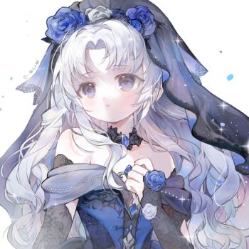 1girl :o arm_cutout artist_name baonu_de_zhanshen_caibutou bare_shoulders black_arm_warmers black_choker blue_dress blue_eyes blue_eyeshadow blue_flower blue_gemstone blue_rose bridal_veil bride chinese_commentary choker clenched_hand clothing_cutout collarbone commentary_request diamond_cutout dot_nose dress expressionless eyelashes eyeshadow facial_tattoo floral_print flower flower_tattoo gem grey_flower grey_rose grey_veil hair_flower hair_ornament hand_on_own_chest highres infinity_nikki lace lace-trimmed_veil lace_arm_warmers lace_choker lace_trim light_blush light_particles long_hair long_sidelocks looking_to_the_side makeup nameless_selfless_(infinity_nikki) nikki_(series) off-shoulder_dress off_shoulder parted_bangs parted_lips petals print_arm_warmers procreate_(medium) rose rose_petals rose_print runny_makeup see-through_clothes see-through_veil short_sleeves sidelocks simple_background solo sparkle tareme tattoo upper_body veil very_long_hair wavy_hair wedding_dress white_background white_hair