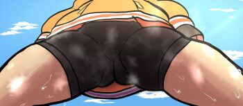 1girl arc_system_works bike_shorts cameltoe day from_below guilty_gear head_out_of_frame highres hood hoodie legs lemonadepikachu lower_body may_(guilty_gear) spread_legs steam sweat sweat tagme thighs view_between_legs