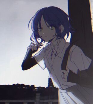 1girl blue_hair bocchi_the_rock! chromatic_aberration closed_mouth collared_shirt cowboy_shot earbuds earphones expressionless film_grain grey_skirt guitar_case hanaseto highres instrument_case instrument_case_on_back layered_sleeves long_sleeves mole mole_under_eye outdoors pleated_skirt school_uniform shimokitazawa_high_school_uniform shirt short_hair short_over_long_sleeves short_sleeves sketch skirt sleeves_past_wrists solo white_shirt yamada_ryo yellow_eyes