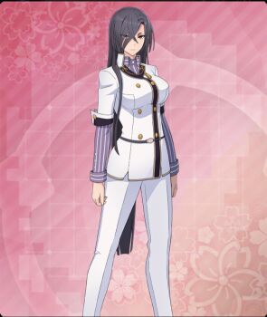 Rule 34 | 1girl, belt, black hair, blunt ends, breasts, buttons, double-breasted, eyes visible through hair, feet out of frame, floral background, game cg, hair over one eye, jacket, large breasts, layered sleeves, long hair, long sleeves, looking at viewer, official art, origami yukari, pants, pink background, pinstripe pattern, pinstripe shirt, purple belt, purple shirt, red eyes, shirt, short eyebrows, short sleeves, solo, straight hair, striped clothes, striped shirt, thick eyebrows, third-party source, toji no miko, toji no miko: kizamishi issen no tomoshibi, vertical-striped clothes, vertical-striped shirt, very long hair, white jacket, white pants