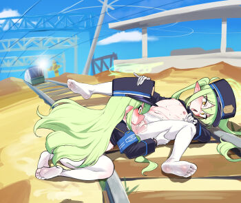 2girls absurdres bar_censor blazer blue_archive blue_hat blue_jacket censored clothes_lift cunnilingus day earrings eyebrows eyelashes female_focus female_orgasm flat_chest from_side full_body gloves green_hair green_halo halo hand_on_another's_head hand_on_another's_thigh hat highres hikari_(blue_archive) imminent_death incest jacket jacket_lift jewelry knees_up kodomo_doushi loli long_hair long_sleeves looking_afar looking_at_another lying multiple_girls nervous nipples no_bra no_panties nozomi_(blue_archive) on_back on_stomach open_mouth oral orgasm outdoors pantyhose pointy_ears profile pussy scared siblings sisters spread_legs torn_clothes torn_pantyhose train twins twintails variant_set white_gloves white_pantyhose yellow_eyes yoma_(mayo) yuri