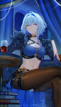 1girl absurdres black_gloves black_jacket black_pantyhose black_shorts black_thighhighs blue_bra blue_hair bra breasts chromatic_aberration commentary_request cropped_jacket crossed_legs cup drinking_glass galbrena_(wuthering_waves) gloves grey_hair hair_between_eyes highres jacket large_breasts looking_at_viewer medium_hair navel pantyhose parted_lips purple_eyes shorts sidelocks single_thighhigh sitting solo stomach thighhighs twitter_username underwear watermark wuthering_waves yunoji_(onigiri_yumi09)