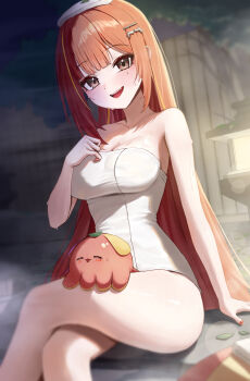 Rule 34 | 1girl, absurdres, akane lize, arm at side, arm support, breasts, cleavage, creature, crossed legs, fangs, grey eyes, hair ornament, hairclip, hand up, hashtag-only commentary, highres, large breasts, long hair, looking at viewer, mole, mole under eye, multicolored hair, naked towel, open mouth, parted bangs, pienna (akane lize), poppo myupunk98, red hair, sitting, smile, solo, stellive, straight hair, streaked hair, towel, towel on head, very long hair, virtual youtuber, wet