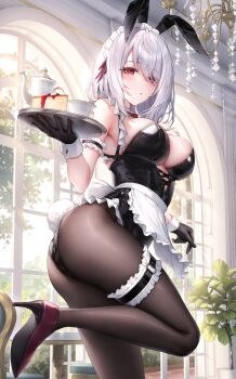 1girl animal_ears apron ass black_gloves black_leotard black_pantyhose blush bow bowtie breasts cake cake_slice chandelier closed_mouth commentary_request day detached_collar fake_animal_ears fake_tail food gloves hair_over_one_eye high_heels highres holding indoors large_breasts leotard looking_at_viewer medium_hair original oyuwari pantyhose playboy_bunny rabbit_ears rabbit_tail red_bow red_bowtie red_eyes solo tail teapot thigh_strap thighs white_apron white_hair window