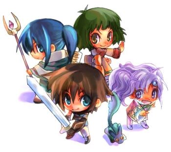 2boys 2girls :d artist_request back_bow bad_id blue_eyes blue_hair book bow brown_eyes brown_hair chibi chibi_only closed_mouth commentary_request dark-skinned_female dark_skin farah_oersted green_hair holding holding_staff holding_sword holding_weapon keele_zeibel long_sleeves lowres meredy_(tales) multiple_boys multiple_girls open_book open_mouth orange_bow ponytail purple_eyes purple_hair quickie_(tales) reid_hershel short_hair simple_background smile staff sword tales_of_(series) tales_of_eternia twintails v-shaped_eyes weapon white_background