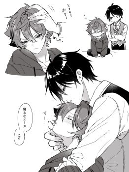 Rule 34 | 2boys, absurdres, ace trappola, blush, closed eyes, closed mouth, commentary request, crossed arms, deuce spade, greyscale, highres, hood, hood down, hoodie, long sleeves, looking at another, male focus, mofu twst, monochrome, multiple boys, necktie, sleepy, twisted wonderland, white background, yaoi