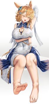 absurdres animal_ears antenna_hair arknights armpits barefoot blonde_hair blush breasts china_dress chinese_clothes cleavage cleavage_cutout closed_mouth clothing_cutout commentary_request dress full_body highres kroos_(arknights) kroos_the_keen_glint_(arknights) large_breasts official_alternate_costume open_mouth putcho rabbit_ears rabbit_girl sitting white_background white_dress