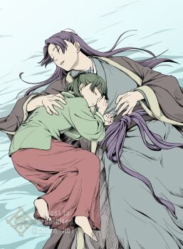 Rule 34 | 1boy, 1girl, arm around back, barefoot, bed sheet, belt, blue ribbon, blue robe, blunt bangs, bun cover, chara no7, chinese clothes, commentary request, couple, feet out of frame, fetal position, full body, green hair, green shirt, hair bun, hair ribbon, half updo, hand over face, hetero, highres, jinshi (kusuriya no hitorigoto), kusuriya no hitorigoto, long skirt, maomao (kusuriya no hitorigoto), parted bangs, parted lips, purple belt, purple hair, red skirt, ribbon, robe, shirt, skirt, sleeping, twitter username