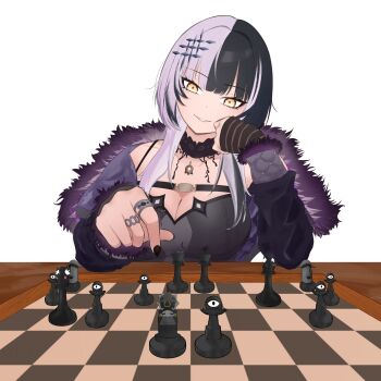 Rule 34 | 1girl, absurdres, bishop (chess), black choker, black dress, black hair, black jacket, black nails, breasts, chess piece, chessboard, choker, commentary, dress, elbow on table, fingernails, fur-trimmed jacket, fur trim, grey hair, grin, hair ornament, hand on own cheek, hand on own face, head rest, highres, hololive, hololive english, jacket, jewelry, king (chess), knight (chess), large breasts, long fingernails, long hair, long sleeves, looking down, misterrai, moai (koseki bijou), multicolored hair, multiple rings, nail polish, novelites (shiori novella), open clothes, open jacket, outstretched arm, pawn (chess), queen (chess), ring, rook (chess), shiori novella, shiori novella (1st costume), simple background, smile, solo, split-color hair, symbol-only commentary, two-tone hair, virtual youtuber, white background, yellow eyes