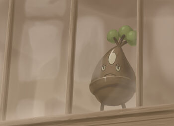 bonsly brown_theme closed_mouth commentary_request gen_4_pokemon jiffic nintendo no_humans pokemon pokemon_(creature) sad solo window