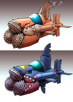 2024_pokemon_teraleak absurdres animal_ears breasts camerupt concept_art gen_3_pokemon gradient_background highres machinery nintendo no_humans official_art pokemon pokemon_oras pokemon_oras_(prototype) sharpedo simple_background submarine tail team_aqua team_magma thighs watercraft