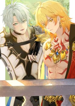 Rule 34 | 2boys, absurdres, antenna hair, arm tattoo, armlet, armor, bare pectorals, black choker, black coat, black gloves, black shirt, blonde hair, blue eyes, braid, chest tattoo, chinese commentary, choker, clawed gauntlets, coat, commentary request, earrings, facial tattoo, fingerless gloves, gloves, gold earrings, gold necklace, gradient hair, highres, honkai: star rail, honkai (series), jewelry, male focus, medium hair, multicolored hair, multiple boys, mydei (honkai: star rail), neck tattoo, necklace, open clothes, open coat, parted bangs, pauldrons, pectorals, phainon (honkai: star rail), qiangyan402, red hair, red tattoo, shirt, short hair, shoulder armor, side braid, single pauldron, tattoo, white coat, white hair, yellow eyes