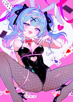 1girl :3 ace_(playing_card) ace_of_hearts animal_ears bare_arms bare_shoulders black_leotard blue_eyes blue_hair blush bow bowtie breasts broken_heart card cleavage clothing_cutout covered_navel cuffs cutout_above_navel detached_collar fake_animal_ears fishnet_pantyhose fishnets fymrie hair_bow hair_ornament handcuffs hatsune_miku heart heart-shaped_pupils heart_cutout high_heels highres leotard long_hair looking_at_viewer medium_breasts multicolored_hair necktie open_mouth pantyhose pink_background pink_hair pink_theme playing_card rabbit_ears rabbit_hair_ornament rabbit_hole_(vocaloid) raised_eyebrow red_bow red_bowtie red_necktie smile smug solo spade_(shape) spaghetti_strap spread_legs symbol-shaped_pupils teardrop_facial_mark twintails two-tone_hair vocaloid x_hair_ornament