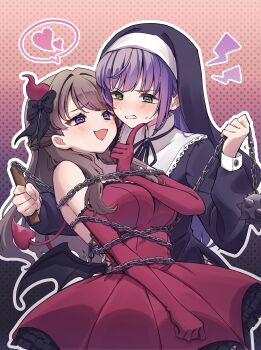 2girls absurdres alternate_costume ball_and_chain_(weapon) bare_shoulders black_dress black_ribbon black_veil blush breasts brown_hair chain clenched_teeth colored_speech_bubble commentary_request demon_girl demon_horns dress elbow_gloves fang fujishima_megumi gloves gradient_background green_eyes hair_intakes hand_on_another&#039;s_chin heart highres hiyori_(20hiyori727) holding holding_chain holding_weapon horns large_breasts lightning_bolt_symbol link!_like!_love_live! long_hair long_sleeves love_live! multiple_girls neck_ribbon nun otomune_kozue outline polka_dot polka_dot_background purple_eyes raised_inner_eyebrows red_dress red_gloves red_horns ribbon shout_lines sidelocks skin_fang speech_bubble spiked_ball_and_chain spoken_heart strapless strapless_dress sweatdrop teeth veil virtual_youtuber weapon white_outline yuri