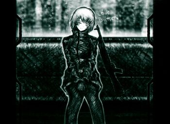 11e10 1girl aqua_theme between_legs closed_eyes coat doorway english_text faux_traditional_media feet_out_of_frame glass_writing gun hair_ornament hairclip hand_between_legs hashtag-only_commentary highres light_smile marie_(peripeteia) monochrome outline peripeteia pov_doorway rain short_hair sitting sleeping sleeping_upright solo train_interior triangle_button v_arms weapon white_outline window