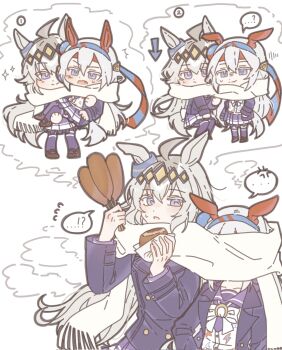 ! !? ... 2girls ? ahoge anger_vein animal_ears blue_eyes blue_hairband blush bow bowtie buttons carrying carrying_person closed_mouth coat collarbone commentary corn_dog double-breasted ear_covers ear_ornament english_commentary fang food grey_hair grey_tail hair_between_eyes hair_ornament hairband headband height_difference highres holding holding_food horse_ears horse_girl horse_tail jeokpyemaseuteo lightning_bolt_symbol long_hair long_sleeves multicolored_hair multiple_girls oguri_cap_(umamusume) open_clothes open_coat open_mouth princess_carry purple_sailor_collar purple_serafuku purple_shirt purple_skirt purple_thighhighs red_headband sailor_collar sailor_shirt scarf school_uniform serafuku shared_clothes shared_scarf shirt skirt smile speech_bubble spoken_anger_vein spoken_ellipsis spoken_exclamation_mark spoken_question_mark squatting striped_clothes striped_hairband sweatdrop tail tamamo_cross_(umamusume) thighhighs tracen_school_uniform tracen_winter_coat umamusume very_long_hair white_bow white_bowtie winter_clothes winter_coat winter_uniform yuri