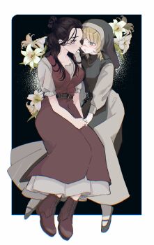 2girls assault_lily badeni black_background black_hair black_shoes black_tabard blonde_hair blush boots border breasts brown_boots brown_dress chi.:_chikyuu_no_undou_ni_tsuite dress eyepatch flower full_body genderswap genderswap_(mtf) hair_bun half_updo hesonoo5 highres holding_hands large_breasts long_hair looking_at_another medium_breasts medium_hair multiple_girls nun oczy scar scar_on_face scar_on_mouth scar_on_nose shoes tabard white_border white_dress white_flower yuri