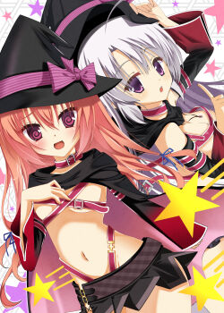 2girls :d @_@ absurdres ahoge ayachi_nene ayachi_nene_(cosplay) bare_shoulders belt belt_bra belt_collar black_cape black_skirt blush bow breasts cape cleavage collar commentary_request cosplay cowboy_shot detached_sleeves dutch_angle embarrassed eyelashes eyes_visible_through_hair grey_hair hair_between_eyes hair_down hand_on_headwear hand_up hat hat_bow highres inaba_meguru index_finger_raised jewelry large_breasts long_hair long_sleeves looking_at_viewer miniskirt multiple_girls navel necklace open_mouth orange_hair outline pink_belt pink_bow pink_cape pleated_skirt purple_eyes red_eyes sanoba_witch sidelocks simple_background skirt small_breasts smile star_(symbol) star_symbol_background stomach sukonbu385 teeth two-sided_cape two-sided_fabric upper_body upper_teeth_only very_long_hair watermark white_background white_outline wide_sleeves witch witch_hat