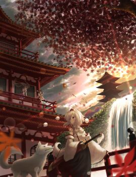 3girls animal_ear_fluff animal_ears autumn_leaves bird black_skirt black_socks blush bridal_gauntlets brown_hair building checkered_clothes checkered_skirt cloud commentary crossed_legs day detached_sleeves falling_leaves flying geta grey_hair hat highres himekaidou_hatate inubashiri_momiji leaf lens_flare mountainous_horizon multiple_girls no_wings on_railing open_mouth oubachiago outdoors pom_pom_(clothes) purple_skirt railing red_eyes red_hat ribbon-trimmed_sleeves ribbon_trim shameimaru_aya sheath sheathed shirt sitting skirt smile socks sword tail tengu-geta tokin_hat touhou twintails two-tone_skirt water waterfall weapon white_shirt wolf wolf_ears wolf_girl wolf_tail