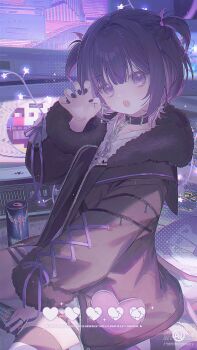 1girl :o belt_collar between_legs black_collar black_hair black_jacket black_nails broken_heart can chain claw_pose collar colored_inner_hair commentary cross-laced_clothes cross-laced_sleeves drink_can energy_drink fur-trimmed_jacket fur_trim hand_between_legs hand_up heart highres indoors jacket long_sleeves looking_at_viewer lorem_ipsum medium_hair multicolored_hair on_floor open_mouth original pink_hair purple_eyes purple_ribbon ribbon shirt sitting solo striped_clothes striped_thighhighs symbol-only_commentary television thighhighs two_side_up umehara_sei watermark white_shirt zipper