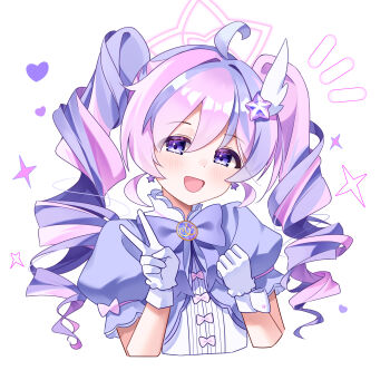 1girl absurdres blue_archive bow bowtie drill_hair earrings gloves hair_ornament halo highres jewelry magical_girl official_alternate_costume official_alternate_hairstyle pink_hair puffy_short_sleeves puffy_sleeves purple_bow purple_bowtie purple_eyes purple_hair purple_halo qiye_jiexian reisa_(blue_archive) reisa_(magical)_(blue_archive) short_sleeves solo star_(symbol) star_hair_ornament star_halo twin_drills upper_body v white_gloves wing_hair_ornament