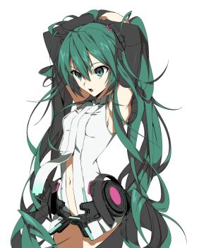 1girl armpits arms_up bare_shoulders black_bridal_gauntlets breasts bridal_gauntlets center_opening clothing_cutout cowboy_shot green_eyes green_hair hashtag-only_commentary hatsune_miku hatsune_miku_(append) highres hip_gear leotard long_hair miko_heb navel necktie open_mouth simple_background small_breasts solo twintails very_long_hair vocaloid vocaloid_append white_background white_leotard
