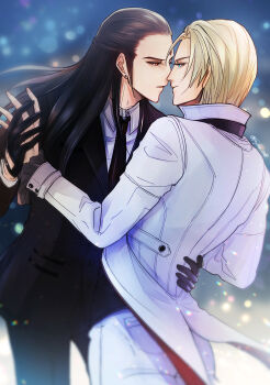 2boys bindi black_gloves black_hair black_necktie black_suit blonde_hair blue_eyes closed_mouth collar dancing earrings eyelashes face-to-face final_fantasy final_fantasy_vii final_fantasy_vii_remake formal_clothes fujiko_one gloves hand_on_another's_back highres holding_hands jewelry long_hair looking_at_another male_focus multiple_boys necktie pants parted_lips red_eyes rufus_shinra short_hair square_enix standing suit tseng turks_(ff7) twitter_username white_suit wing_collar yaoi