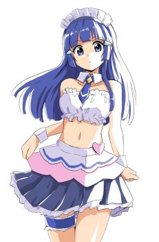 1girl aoki_reika bandeau bare_shoulders black_skirt blue_eyes blue_hair blue_necktie blunt_bangs commentary cowboy_shot detached_sleeves frilled_bandeau frilled_skirt frilled_thigh_strap frills hair_ornament hairclip heart highres layered_skirt looking_at_viewer maid_headdress midriff navel necktie parted_lips pleated_skirt precure simple_background skirt smile_precure! solo standing thigh_strap uraki white_background white_bandeau wrist_cuffs