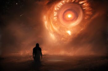 Rule 34 | 1boy, absurdres, animal, commentary, english commentary, eye focus, fog, highres, iron lung (movie), justanotherrandomwriter, looking at another, oversized animal, shooting star, silhouette, simon (iron lung), sky, standing, star (sky), starry sky, wide-eyed