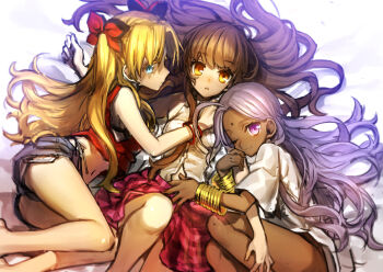 10s 3girls alternate_hair_color bad_id bad_pixiv_id bindi blonde_hair blue_eyes brown_hair dark-skinned_female dark_skin fate/extra fate_(series) girl_sandwich hair_ribbon image_sample kishinami_hakuno_(female) kishinami_hakuno_(female)_(another_ending) long_hair midriff multiple_girls navel one_eye_closed purple_eyes rani_viii ribbon routo sandwiched spoilers tohsaka_rin tohsaka_rin_(fate/extra) tohsaka_rin_(true_appearance)_(fate/extra) yuri
