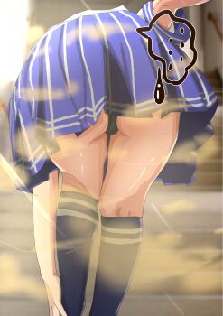 1girl anus aoi_toyomimasu ass ass_focus black_hair blue_eyes dirty_ass fart highres huge_ass ichinomiya_asumi legs long_hair panties perineum school_uniform shirt skirt smell smelly_anus socks underwear