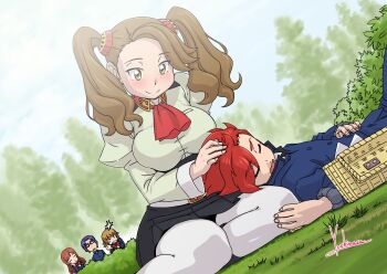 2boys 3girls absurdres anger_vein angry blue_hair blush breasts brown_eyes brown_hair clenched_hand clenched_teeth commentary_request gakuran glasses gundam gundam_build_fighters gundam_build_fighters_try high-waist_skirt highres hoshino_fumina jealous kamiki_mirai kamiki_sekai kousaka_yuuma lap_pillow large_breasts multiple_boys multiple_girls pantyhose peeking photoshop_(medium) picnic_basket red_hair revision sazaki_kaoruko school_uniform signature skirt sleeping teeth torn_clothes torn_pantyhose twintails yoshinaga_masahiro
